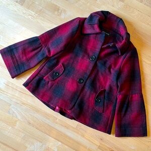 Oleg Cassini Red Black Plaid Wool-Blend Flare Sleeve Cape Back Blazer Jacket, M